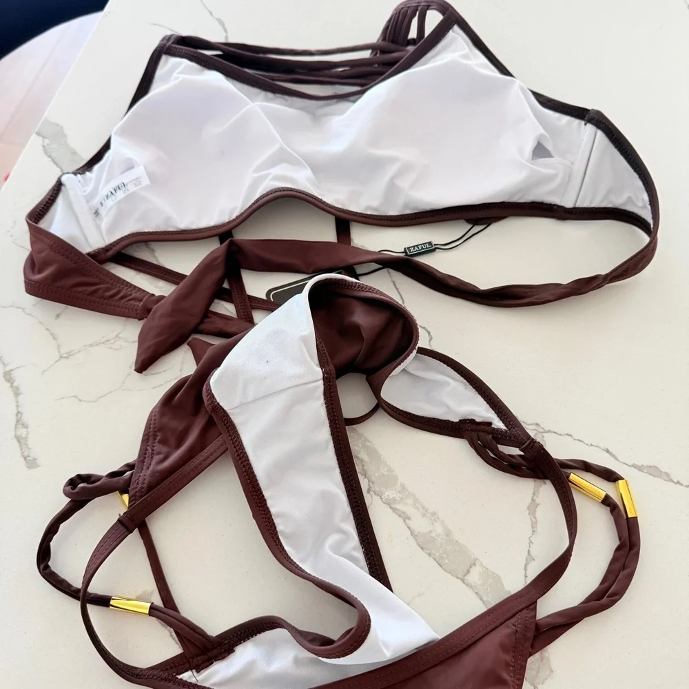 🌞 Brown Strappy Rope Gold Metal Detail Bikini Swimsuit Set